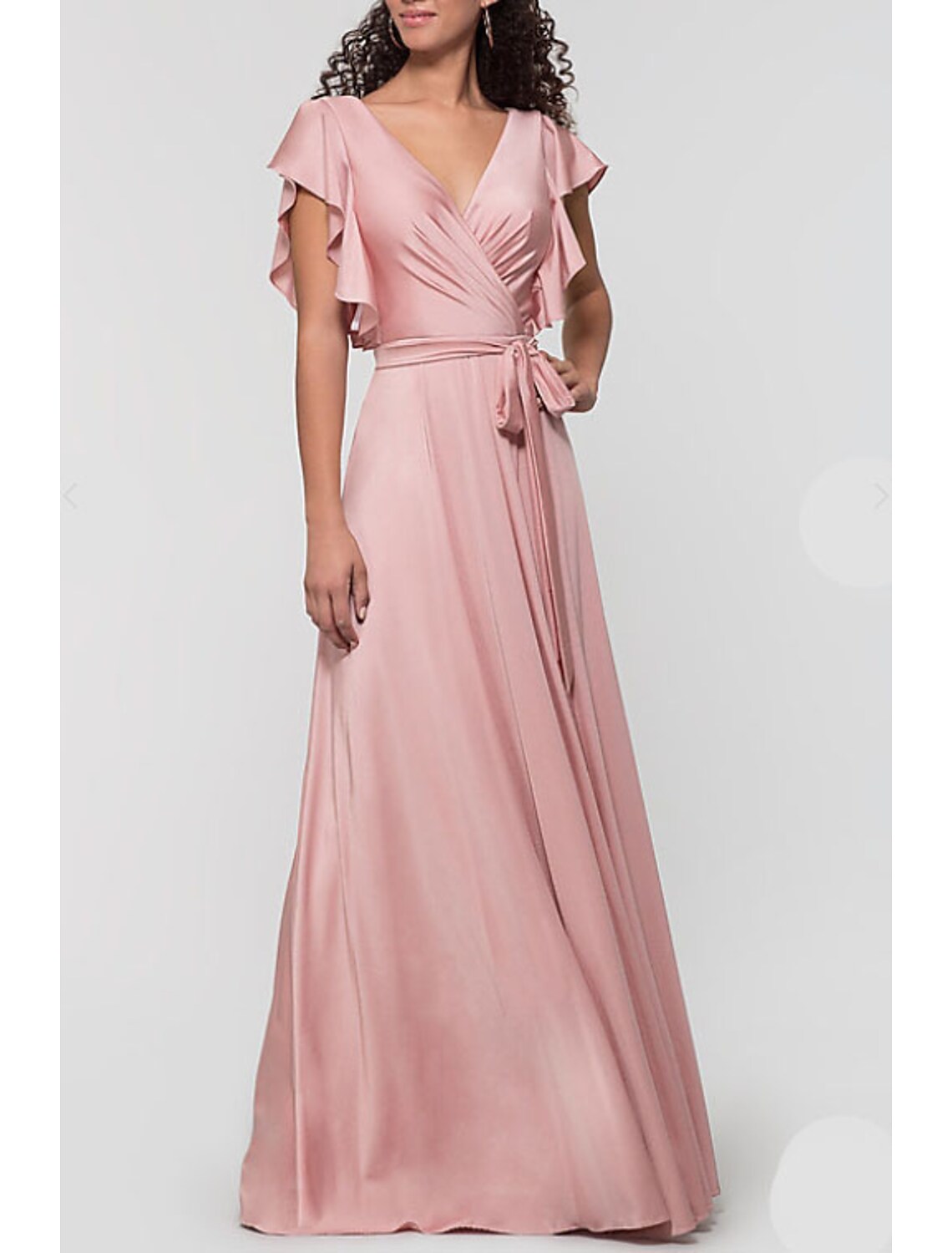 A-Line Bridesmaid Dress Plunging Neck Short Sleeve Open Back Floor Length Satin with Bow(s) / Ruffles
