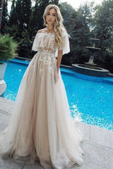 Champagne tulle lace long prom dress champagne lace evening dress