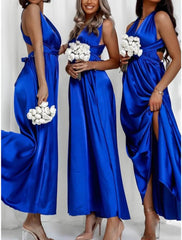 A-Line Bridesmaid Dress V Neck Sleeveless Beautiful Back Ankle Length Charmeuse with Bandage / Solid Color