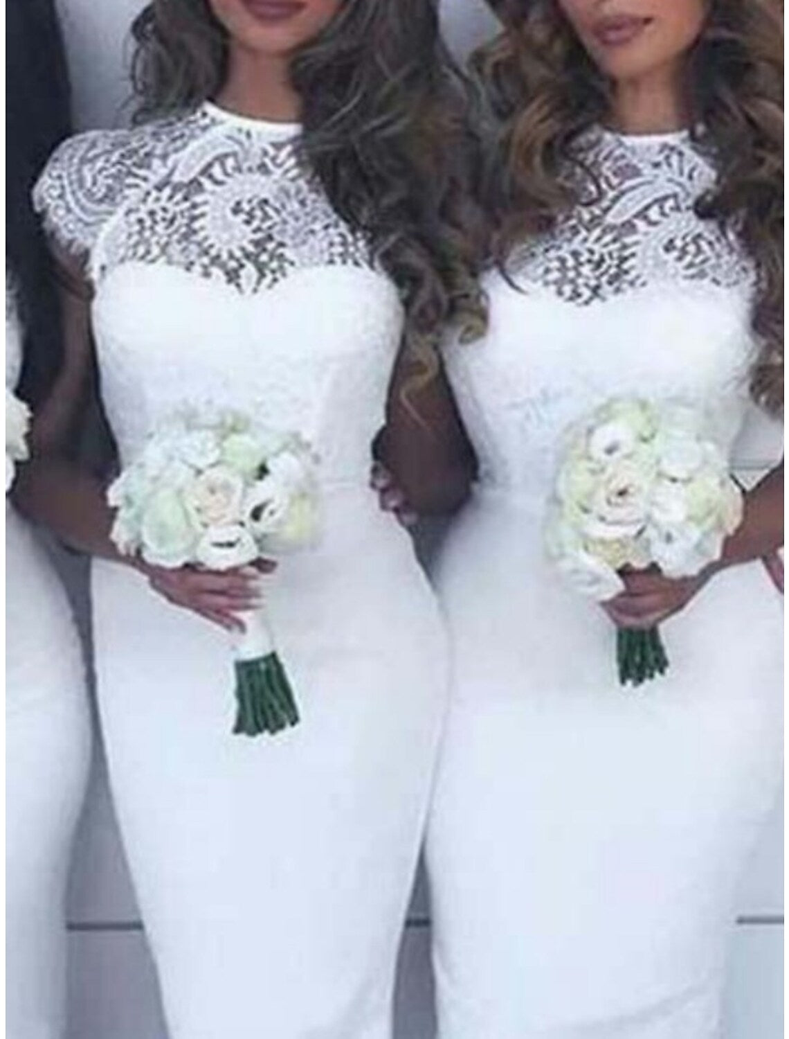 Sheath / Column Bridesmaid Dress Jewel Neck Short Sleeve Elegant Knee Length Lace / Stretch Chiffon with Solid Color