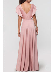 A-Line Bridesmaid Dress Plunging Neck Short Sleeve Open Back Floor Length Satin with Bow(s) / Ruffles