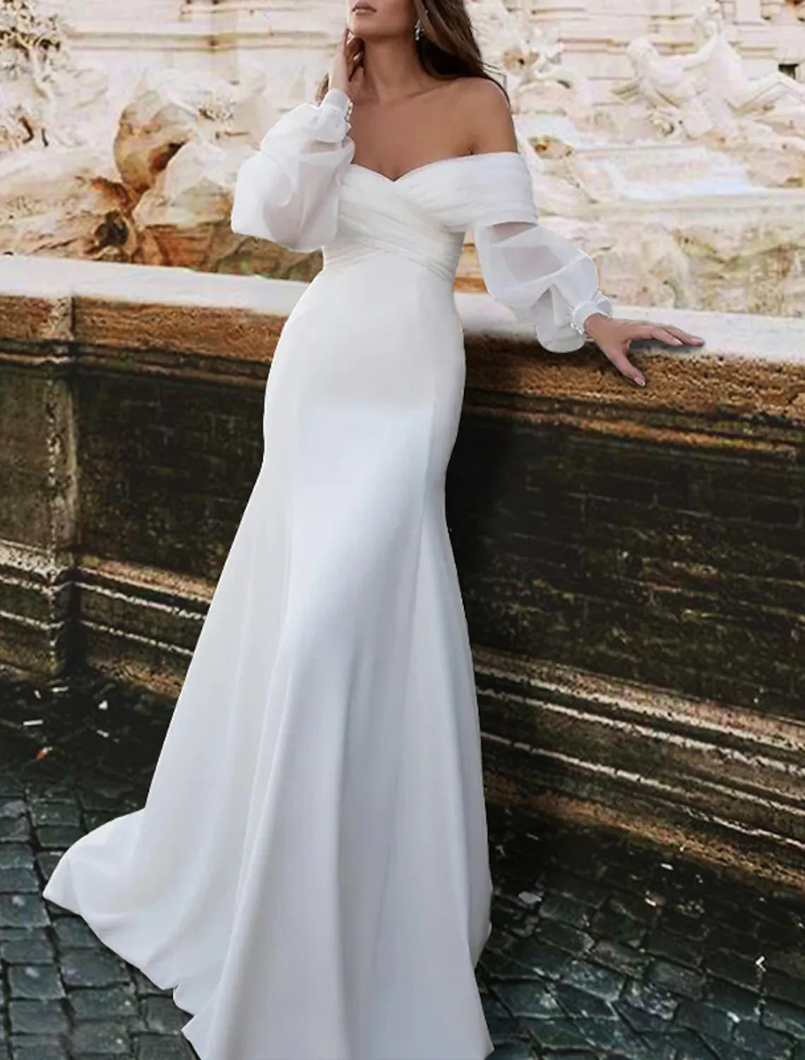 Garden / Outdoor Mermaid / Trumpet Wedding Dresses Sweep / Brush Train Simple Casual Long Sleeve Off Shoulder Satin With Ruched 2023 Bridal Gowns / Reception / Open Back