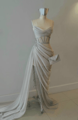 Handmade Draped Gray Silver Blue Chiffon Sheer Mesh Corset High Slit Beaded Lace Embroidered Gown Dress Formal Prom Bridal Bridesmaids