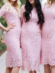 Sheath / Column Bridesmaid Dress Jewel Neck Long Sleeve Vintage Knee Length Lace with Ruffles / Solid Color