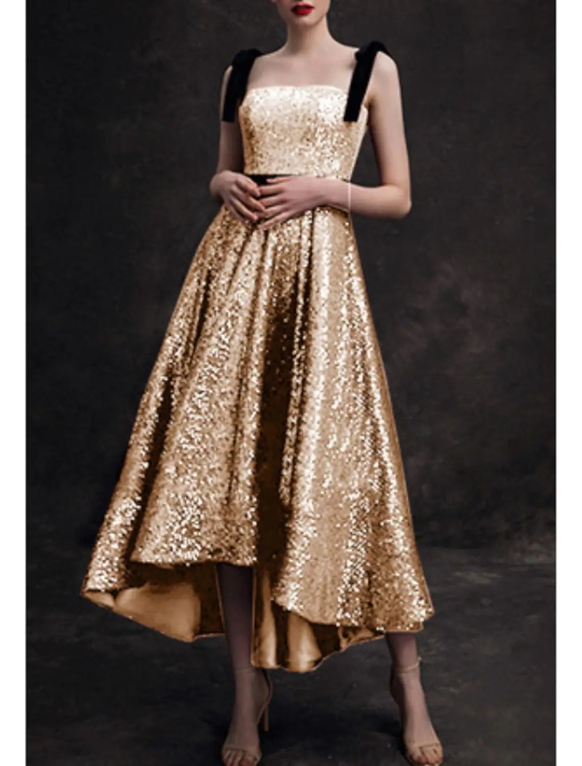 A-Line Bridesmaid Dress Spaghetti Strap / Strapless Sleeveless Elegant Asymmetrical / Ankle Length Sequined with Pleats