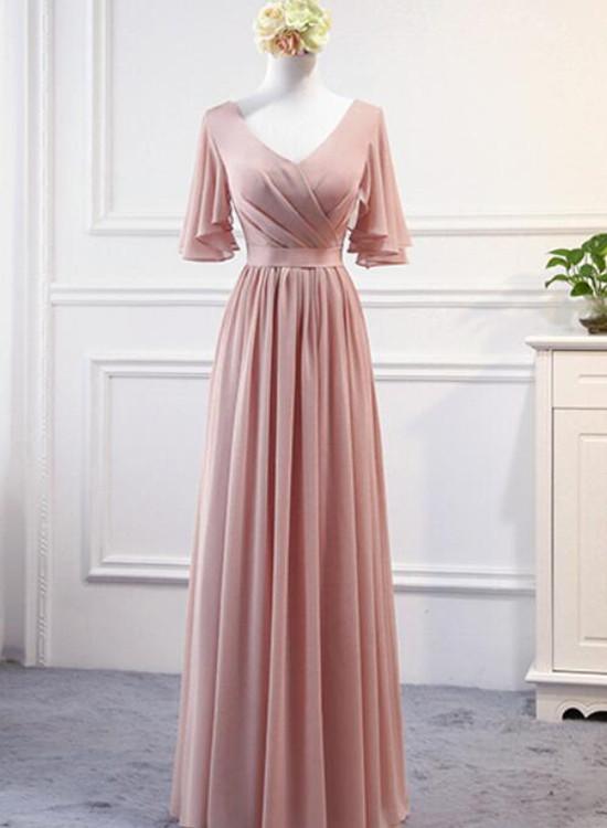 Lovely Pink Chiffon Long Party Dress , Pink A-line Bridesmaid Dress