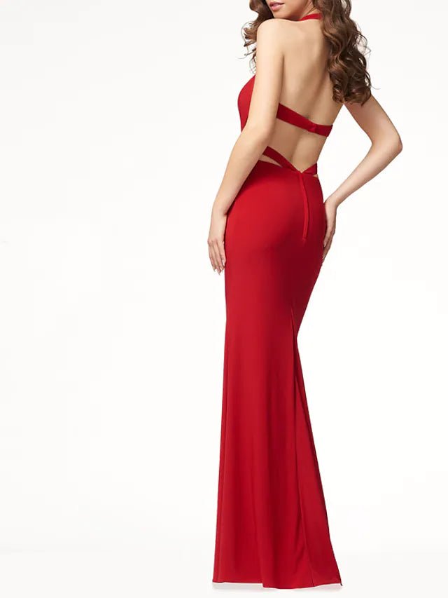 Mermaid / Trumpet Bridesmaid Dress Halter Neck Sleeveless Sexy Floor Length Stretch Fabric with Solid Color