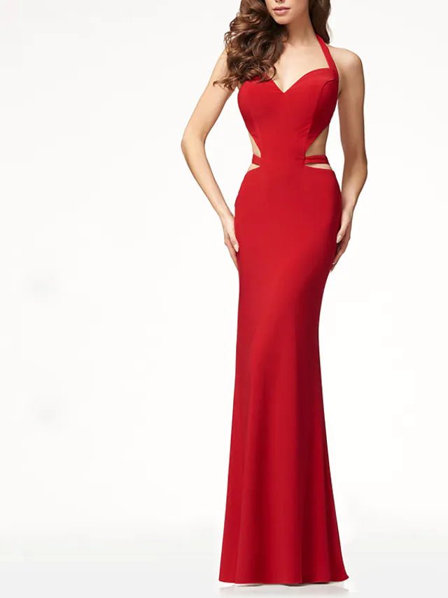 Mermaid / Trumpet Bridesmaid Dress Halter Neck Sleeveless Sexy Floor Length Stretch Fabric with Solid Color