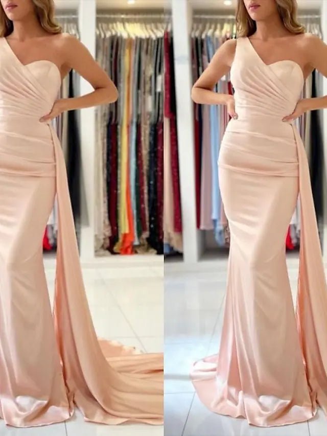 Mermaid / Trumpet Bridesmaid Dress One Shoulder Sleeveless Elegant Court Train Stretch Chiffon with Draping / Solid Color