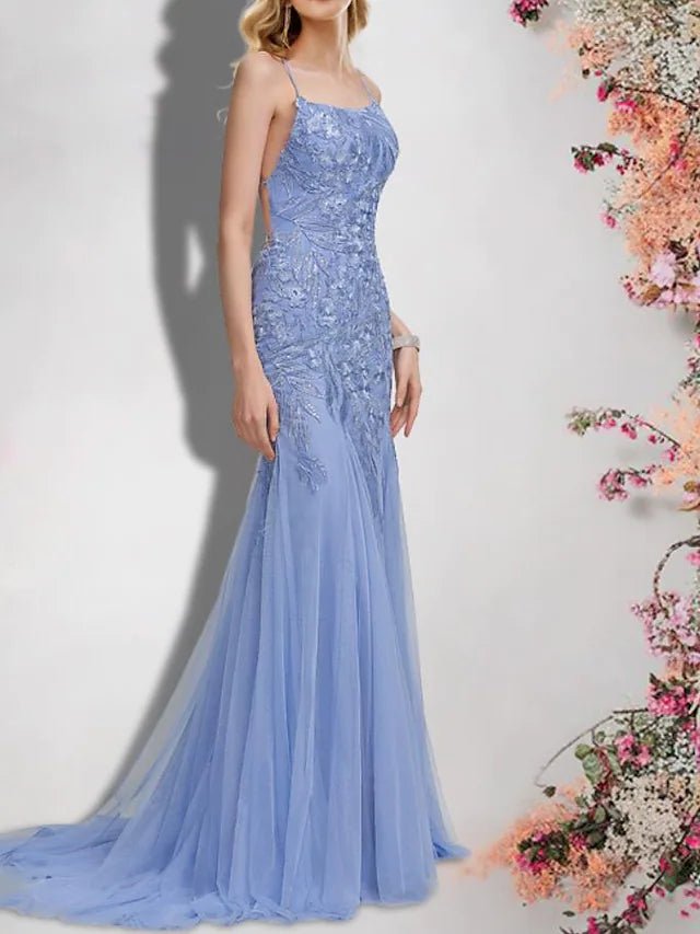 Mermaid / Trumpet Bridesmaid Dress Spaghetti Strap Sleeveless Sexy Sweep / Brush Train Lace / Tulle with Sequin / Appliques