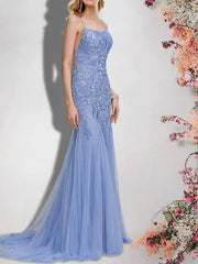 Mermaid / Trumpet Bridesmaid Dress Spaghetti Strap Sleeveless Sexy Sweep / Brush Train Lace / Tulle with Sequin / Appliques