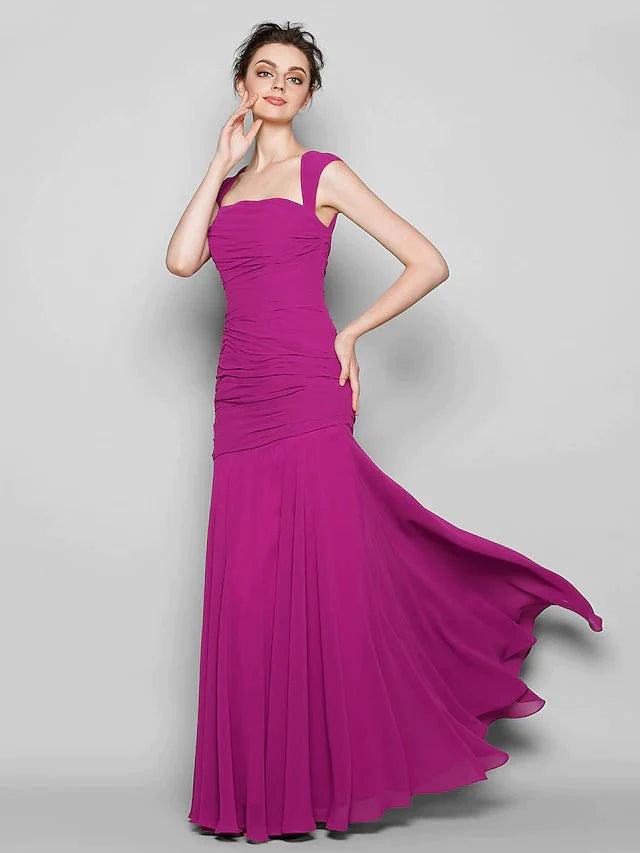 Mermaid / Trumpet Bridesmaid Dress Square Neck Sleeveless Open Back Floor Length Chiffon with Ruched