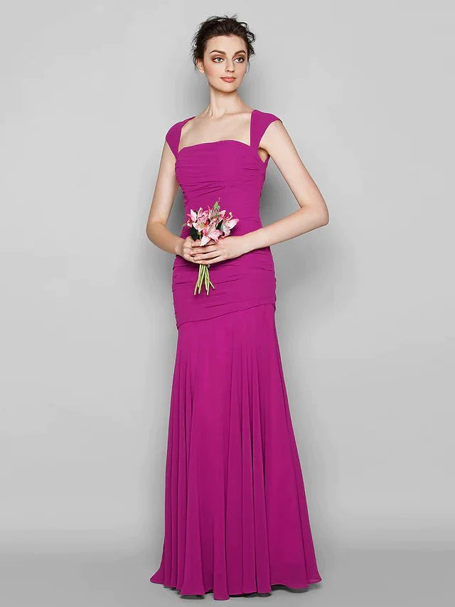 Mermaid / Trumpet Bridesmaid Dress Square Neck Sleeveless Open Back Floor Length Chiffon with Ruched