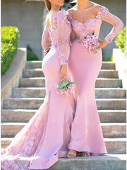 Mermaid / Trumpet Bridesmaid Dress V Neck Long Sleeve Elegant Court Train Stretch Chiffon with Lace / Appliques