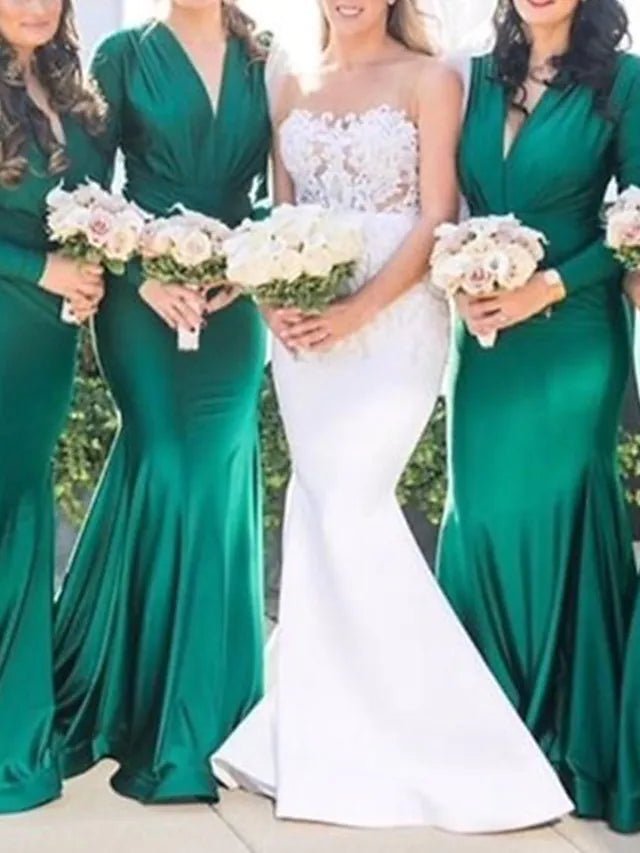 Mermaid / Trumpet Bridesmaid Dress V Neck Long Sleeve Elegant Floor Length Spandex with Solid Color