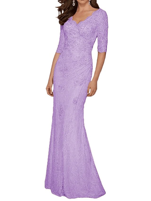 Mermaid / Trumpet Mother of the Bride Dress Plus Size Sexy V Neck Sweep / Brush Train Chiffon Lace Half Sleeve with Lace Appliques