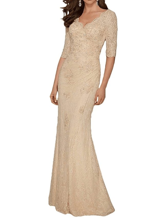 Mermaid / Trumpet Mother of the Bride Dress Plus Size Sexy V Neck Sweep / Brush Train Chiffon Lace Half Sleeve with Lace Appliques