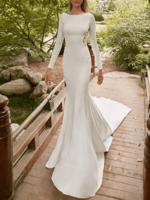 Mermaid / Trumpet Wedding Dresses Jewel Neck Court Train Satin Long Sleeve with Lace Insert
