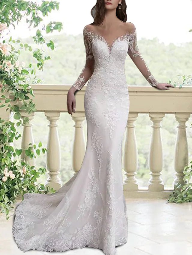 Mermaid / Trumpet Wedding Dresses Jewel Neck Sweep / Brush Train Lace Tulle Long Sleeve Formal Sexy Luxurious Backless with Appliques