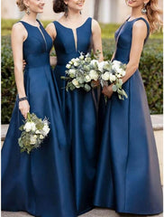 A-Line Bridesmaid Dress V Neck Sleeveless Vintage Floor Length Satin with Pleats / Solid Color