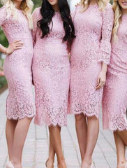 Sheath / Column Bridesmaid Dress Jewel Neck Long Sleeve Vintage Knee Length Lace with Ruffles / Solid Color