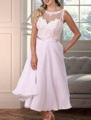 A-Line Bridesmaid Dress Illusion Neck Sleeveless Plus Size Floor Length Chiffon with Appliques