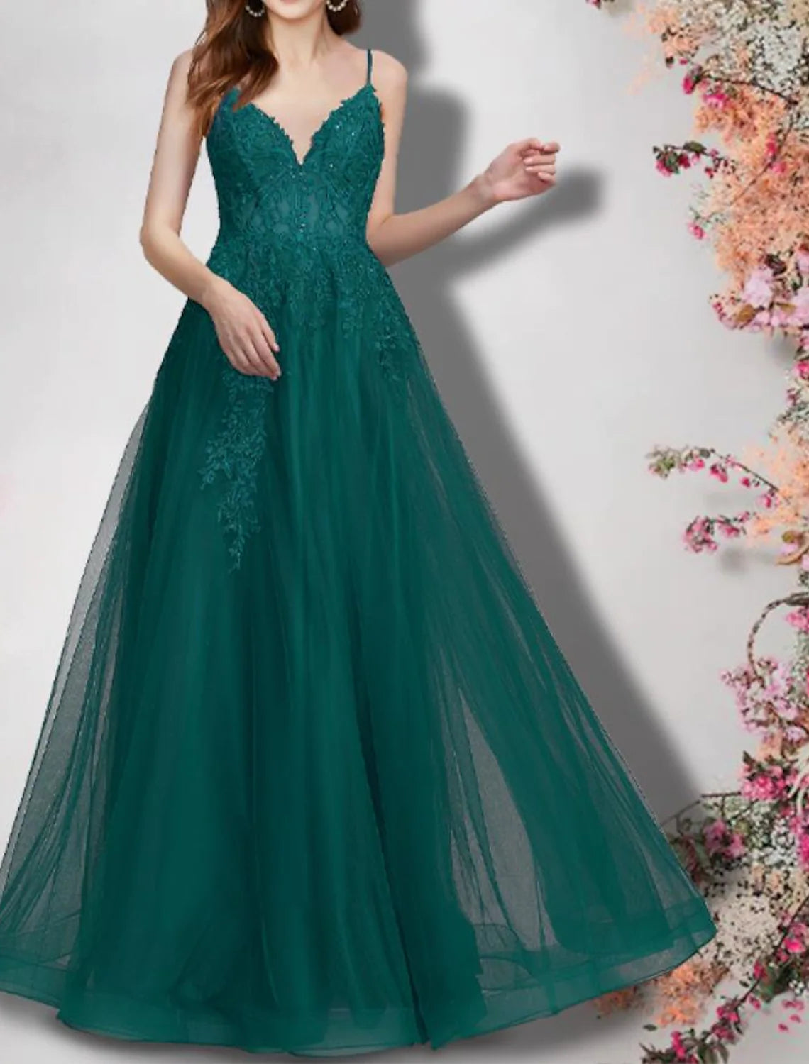 A-Line Bridesmaid Dress V Neck Sleeveless Sexy Floor Length Lace / Tulle with Appliques