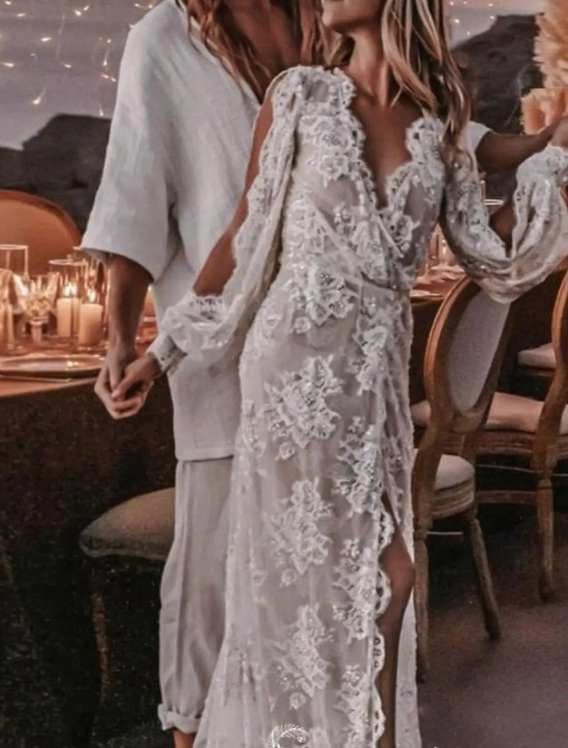 Beach A-Line Wedding Dresses Sweep / Brush Train Boho Sexy Long Sleeve V Neck Lace With Appliques Split Front
