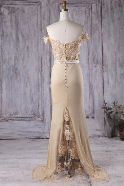 Off the Shoulder Mermaid Champagne Lace Long Prom Dress, Off Shoulder Mermaid Champagne Formal Graduation Evening Dress, Mermaid Champagne Lace Bridesmaid Dress