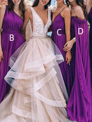 A-Line Bridesmaid Dress One Shoulder / V Neck Sleeveless Elegant Sweep / Brush Train Chiffon with Split Front / Solid Color