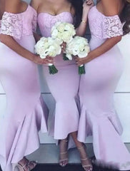 Mermaid / Trumpet Bridesmaid Dress Sweetheart Neckline / Off Shoulder Short Sleeve Beautiful Back Asymmetrical / Floor Length Lace / Stretch Chiffon with Pleats / Solid Color