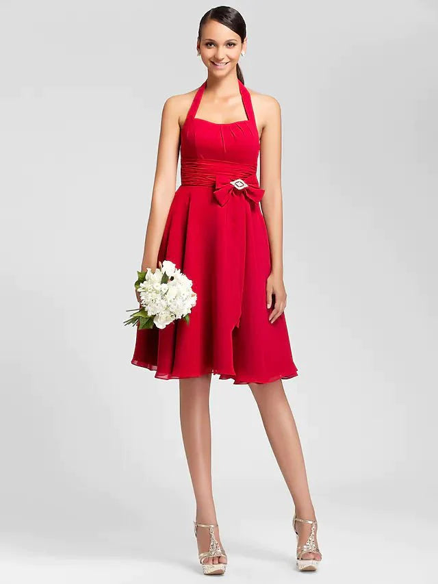 Princess / A-Line Bridesmaid Dress Halter Neck Sleeveless Open Back Knee Length Chiffon with Bow(s) / Ruched / Draping