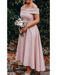 A-Line Bridesmaid Dress Off Shoulder Short Sleeve Sexy Asymmetrical Stretch Fabric with Pleats