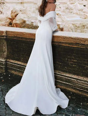 Garden / Outdoor Mermaid / Trumpet Wedding Dresses Sweep / Brush Train Simple Casual Long Sleeve Off Shoulder Satin With Ruched 2023 Bridal Gowns / Reception / Open Back