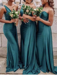 Mermaid / Trumpet Bridesmaid Dress One Shoulder Sleeveless Elegant Sweep / Brush Train Spandex with Draping / Solid Color