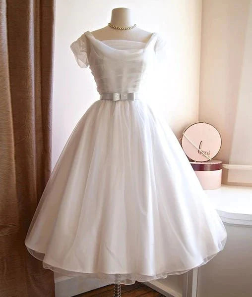 Round-Neck White Tulle Short Retro Prom Dresses, Retro Wedding Dresses