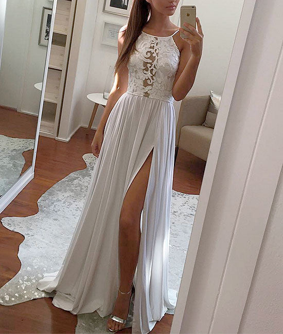 Simple white lace chiffon long prom dress, white evening dress