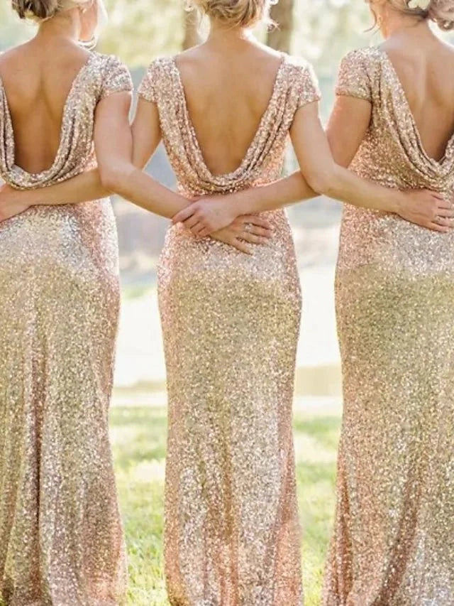 Sheath / Column Bridesmaid Dress Bateau Neck Short Sleeve Sparkle & Shine Floor Length Sequined with Sequin