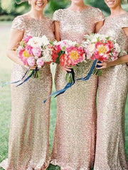 Sheath / Column Bridesmaid Dress Bateau Neck Short Sleeve Sparkle & Shine Floor Length Sequined with Sequin