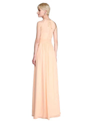 Sheath / Column Bridesmaid Dress Jewel Neck Sleeveless See Through Floor Length Chiffon with Sash / Ribbon / Pleats / Ruched
