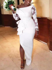 Sheath / Column Bridesmaid Dress Off Shoulder Long Sleeve Elegant Floor Length Lace / Stretch Chiffon with Ruffles / Solid Color