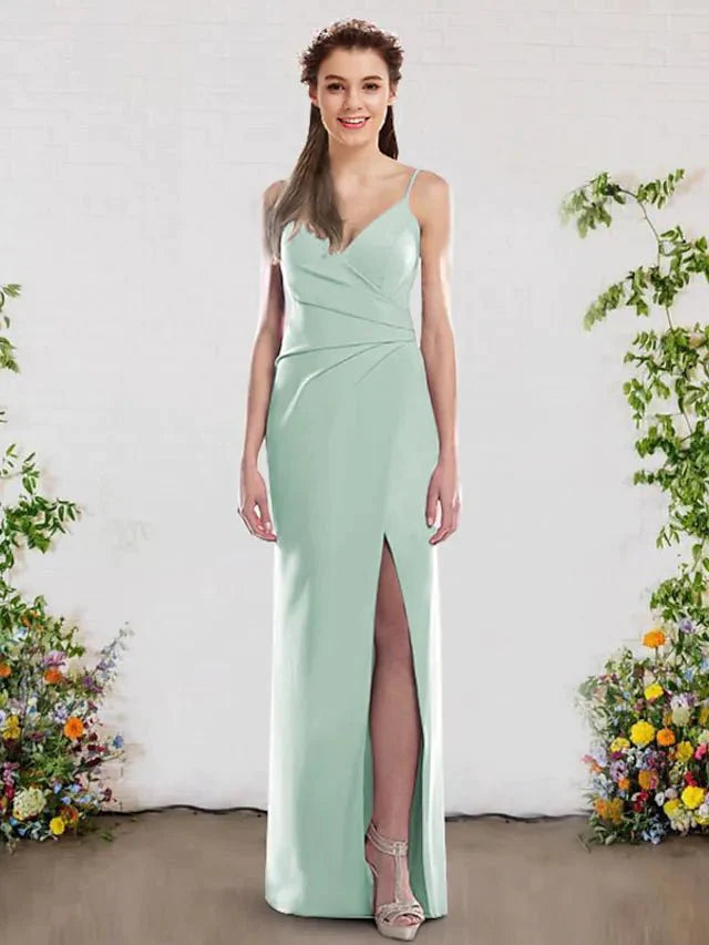 Sheath / Column Bridesmaid Dress V Neck Sleeveless Elegant Floor Length Chiffon with Split Front