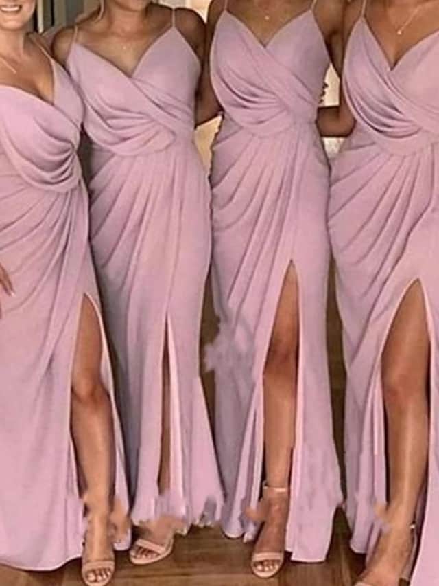 Sheath / Column Bridesmaid Dress V Neck / Spaghetti Strap Sleeveless Elegant Sweep / Brush Train Stretch Chiffon with Split Front / Solid Color