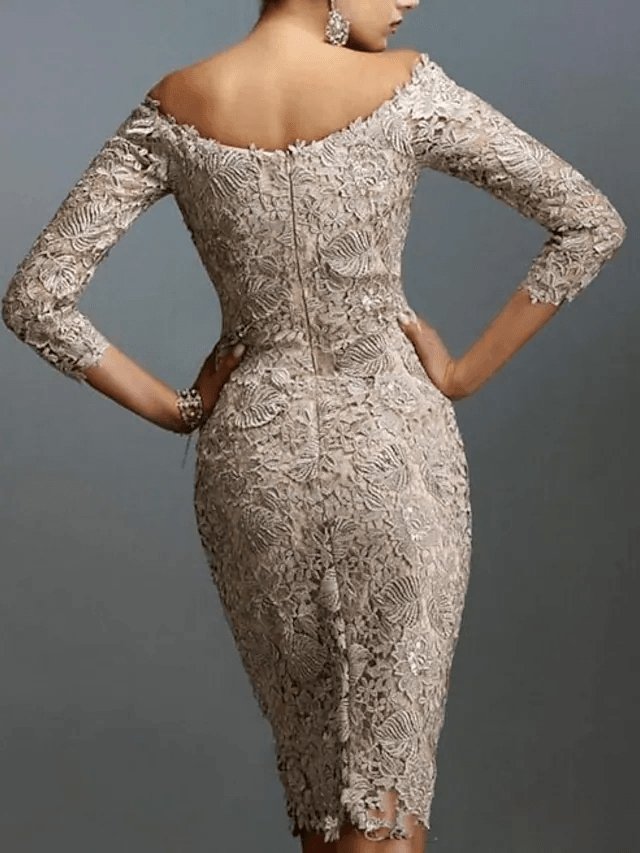 Sheath / Column Elegant Holiday Cocktail Party Dress Off Shoulder 3/4 Length Sleeve Knee Length Lace with Lace