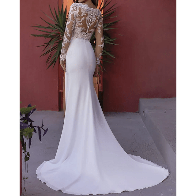 Sheath / Column Wedding Dresses V Neck Court Train Lace Stretch Satin Long Sleeve Country Beach with Split Front