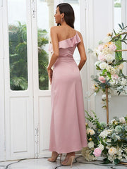 Sheath/Column Charmeuse Ruffles One-Shoulder Sleeveless Ankle-Length Bridesmaid Dresses