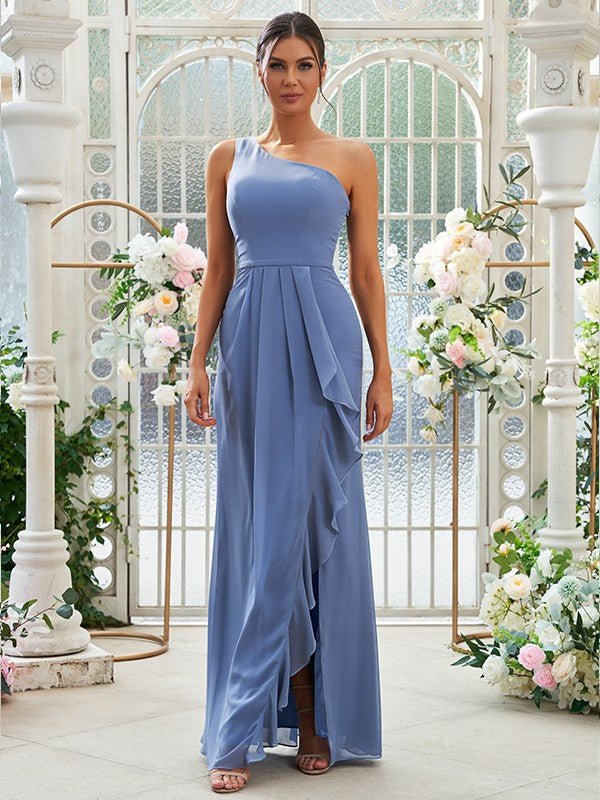 Sheath/Column Chiffon Ruffles One-Shoulder Sleeveless Floor-Length Bridesmaid Dresses