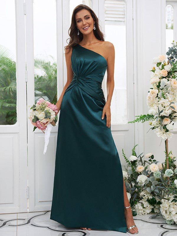 Sheath/Column Elastic Woven Satin Ruched One-Shoulder Sleeveless Floor-Length Bridesmaid Dresses