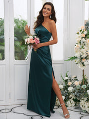 Sheath/Column Elastic Woven Satin Ruched One-Shoulder Sleeveless Floor-Length Bridesmaid Dresses