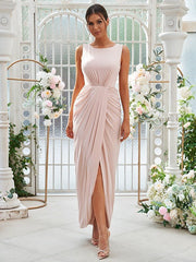 Sheath/Column Jersey Ruched Scoop Sleeveless Ankle-Length Bridesmaid Dresses